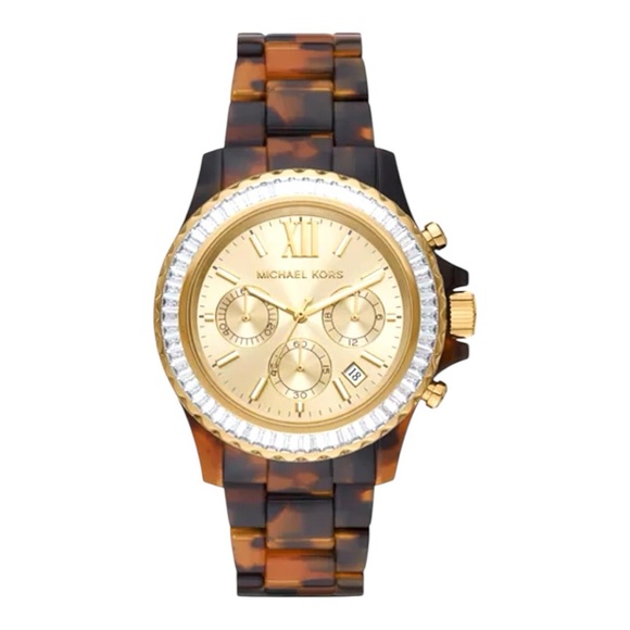 New Michael Kors Oversized Everest Pavé Gold Tortoiseshell Women’s Watch - Picture 1 of 11